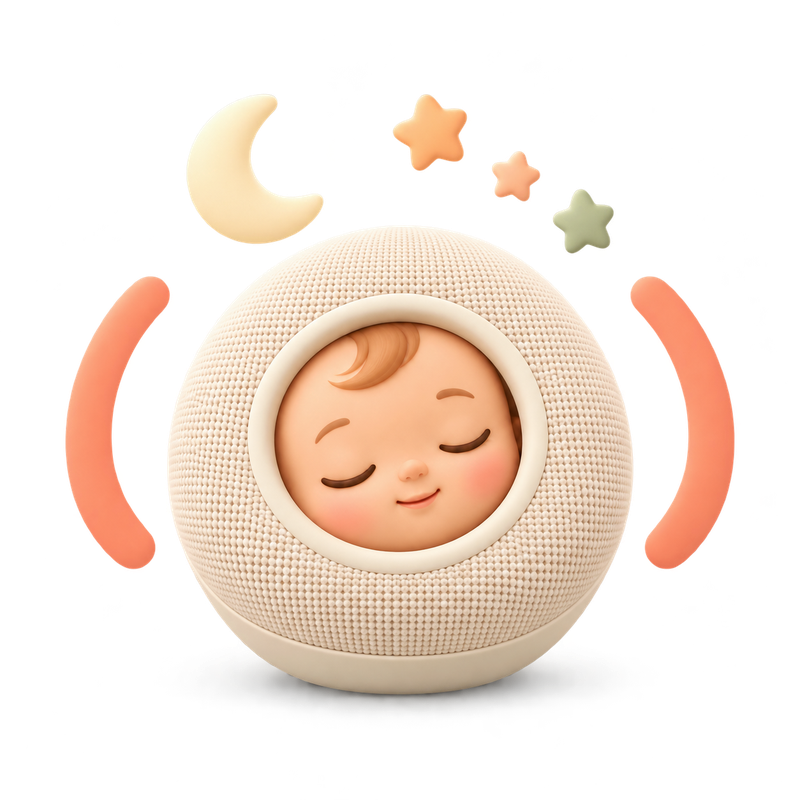 Lullowave mascot: a round, soft speaker with a sleeping baby face, a moon and stars above it
